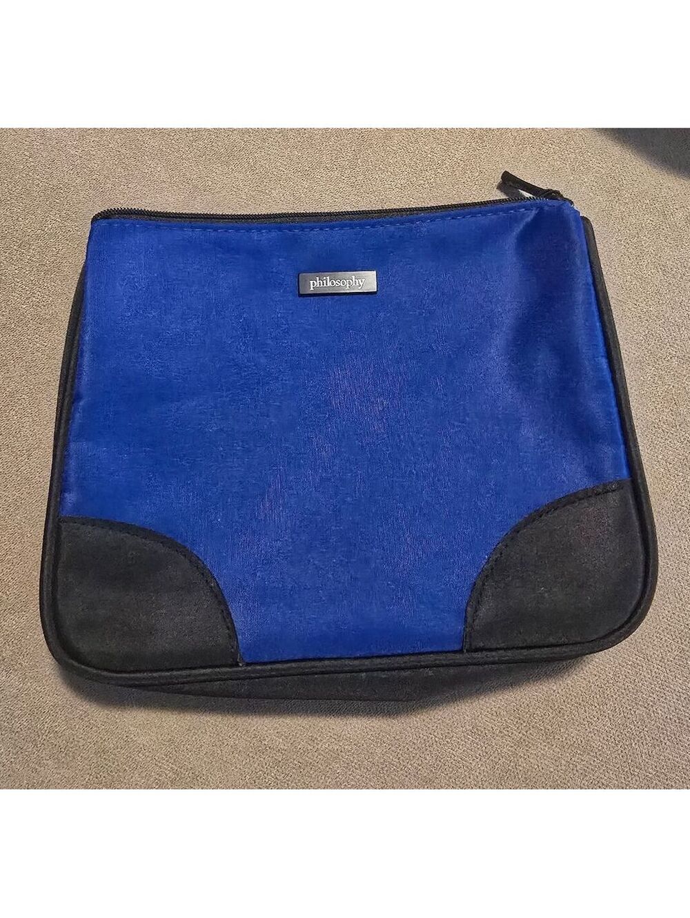 Philosophy Blue and Black Zippered Pouch with Text Interior Lining